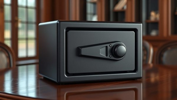 Black gun safe and cable lock on wooden table, Michigan firearm regulations.
