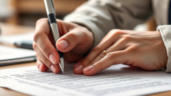 Close-up of hands signing a document, michigan employment law requirements in focus.
