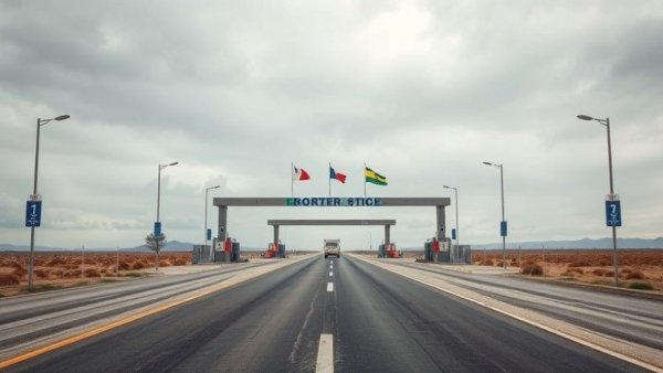 Deserted border crossing under overcast sky, highlighting reduced travel.