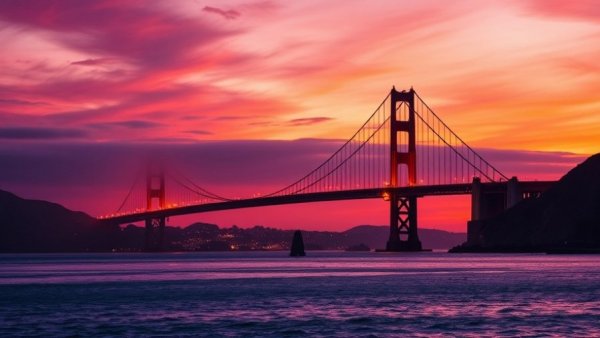 Golden Gate Bridge at sunset; related to decline in UK tourist arrivals.