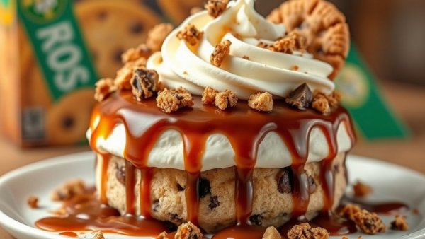 Decadent dessert with caramel, chocolate, and cookie crumbles, representing Girl Scouts cookie sales.