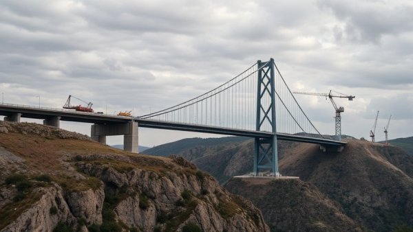 Gordie Howe International Bridge construction delays visible over rocky terrain.