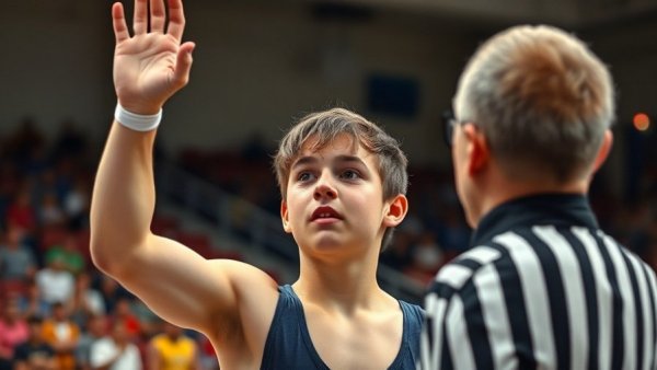 Wrestler wins title match with referee raising his hand in victory.