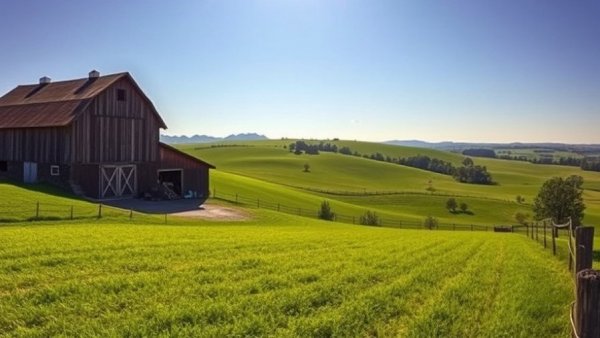Rustic barn in scenic Roseburg countryside, lush hills under bright sky.