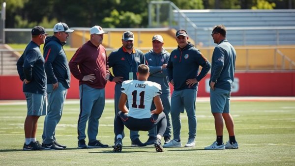 Coaches discussing Detroit Lions draft strategy on a field.