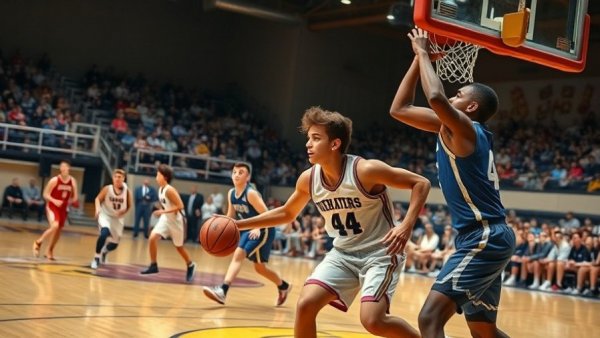 Bay City area boys basketball players in intense game action.