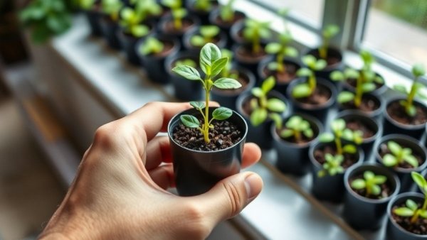 Seedling in pot examined for seed germination problems.