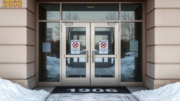 Entrance of Michigan ICE detention facility with posted regulations.