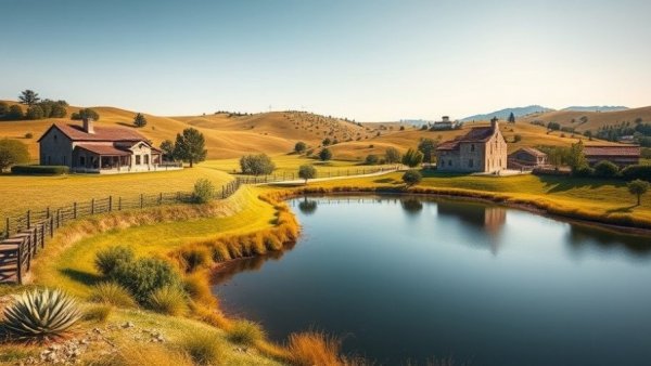 Tranquil Bay Area estate view with rustic charm and scenic pond.