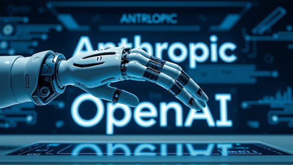 Futuristic robotic hand near 'Anthropic OpenAI' text, Pentagon AI contract dispute.