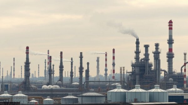 Expansive oil refinery complex highlighting antitrust violations against big oil.