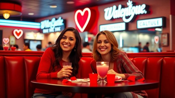 Two women celebrating Valentine's Day at White Castle, smiling joyfully.