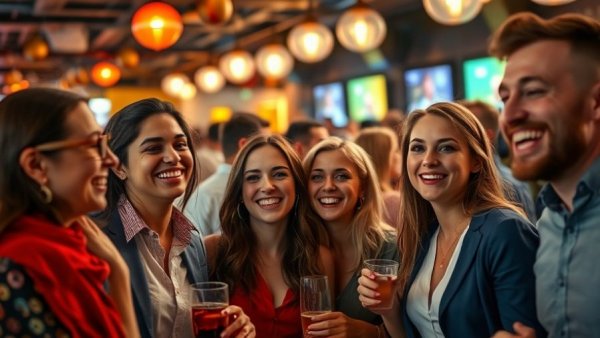 Young professionals enjoying at a lively bar, remote work theme.