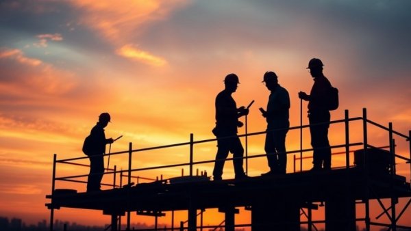 Silhouetted construction workers collaborating at sunset, EMCOR Group valuation insights.