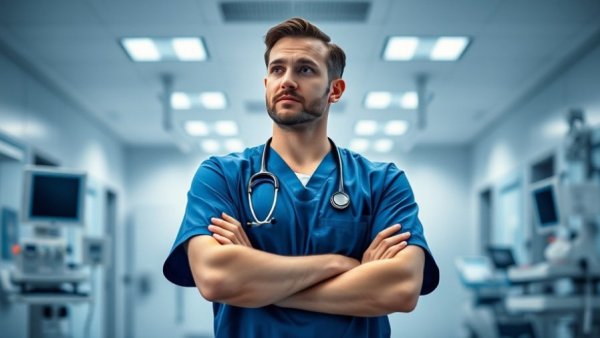 Medical professional in a hospital reflecting on contracting out in public health care.