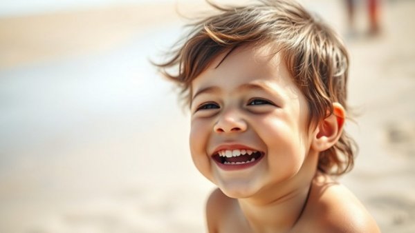 Smiling child enjoying a sunny beach day.