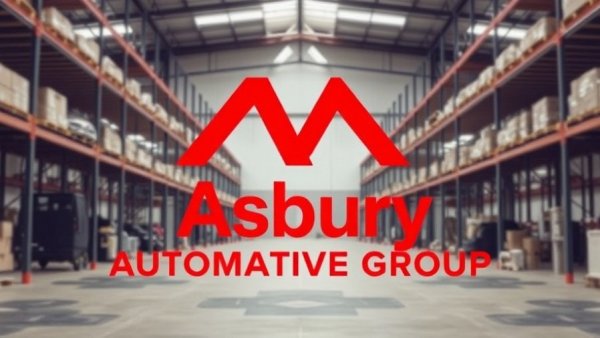 Asbury Automotive Group logo on warehouse backdrop showcasing industrial theme.
