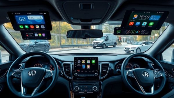 In-car displays showing Android Auto vs Android Automotive interfaces for navigation and apps.