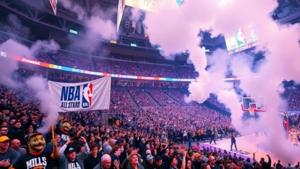 Vibrant NBA All-Star Weekend atmosphere with lively crowd.