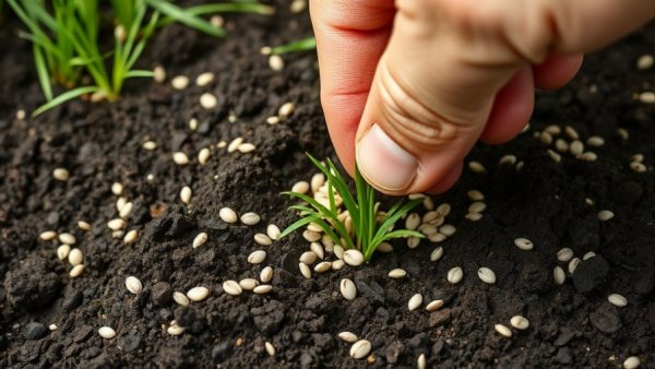 Hand sowing seeds for slit-seeding on soil with grass patches