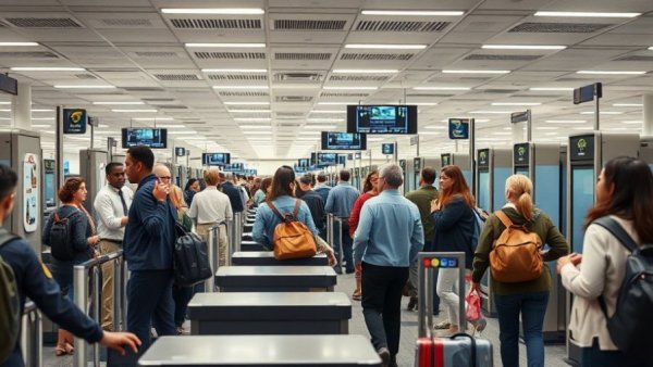 Busy airport security checkpoint affecting DHS funding lapse services.