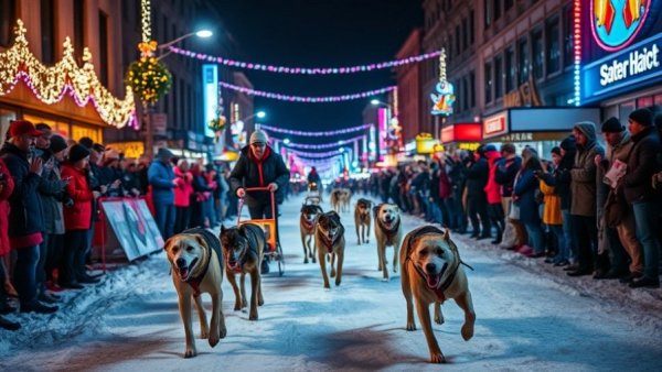 Spectators cheer at the UP200 dog sled race under vibrant lights.