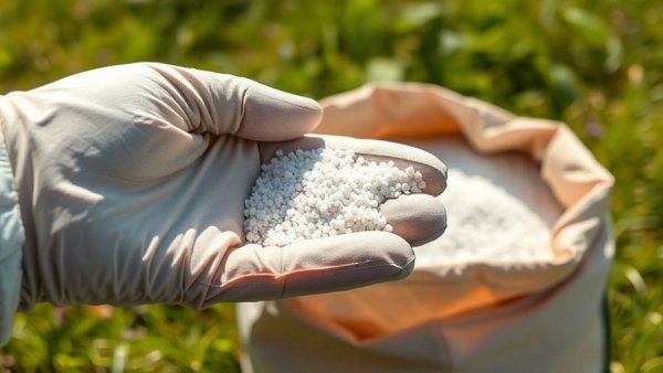Gloved hand holding fertilizer granules outdoors, illustrating common fertilizer mistakes.