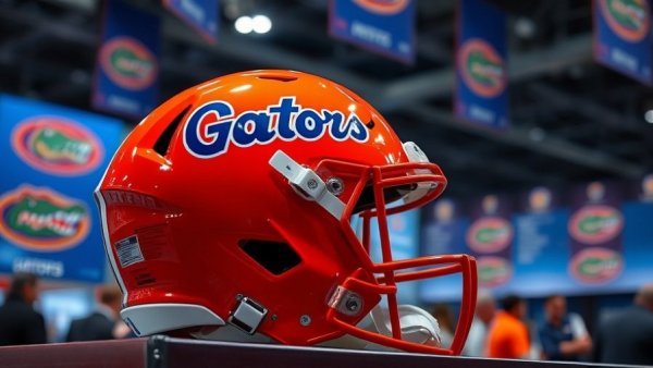 Orange football helmet at sports conference, injury prevention in martial arts training