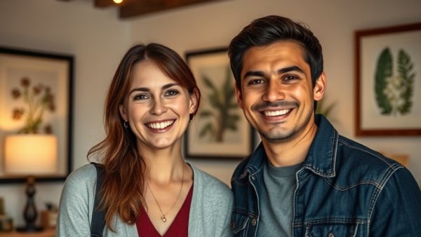 Casual portrait of two people in a warmly lit room with art.