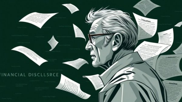Illustrated financial disclosure scene with papers and a man's profile.