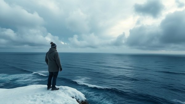 Person on snowy cliff overlooking ocean at We the People America250 Exhibit Open House.