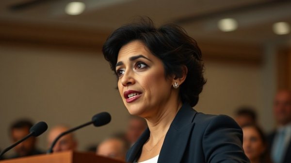 Michigan Nurses Association endorsement event, woman speaking at podium.