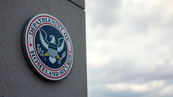 U.S. Department of Homeland Security emblem on concrete wall.