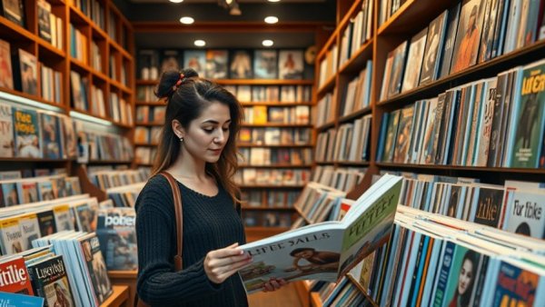 Woman browsing magazines in a bookstore, AI content marketplaces representation.