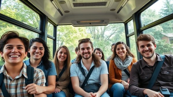 Happy group on a bus enjoying the 2026 road trip frenzy.