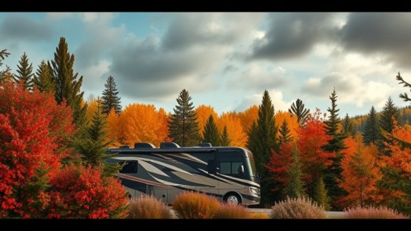 Luxurious RV among trees in Michigan, autumn foliage background