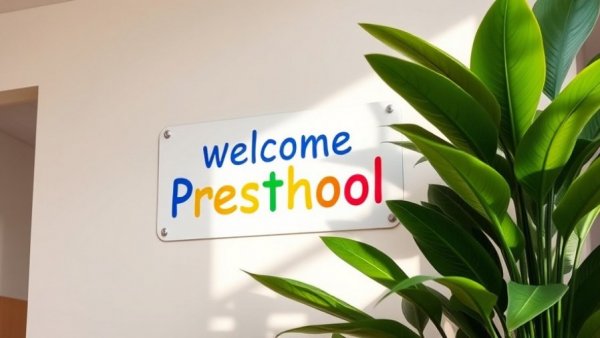 Colorful preschool sign next to green plant, Michigan preschool computer science curriculum.
