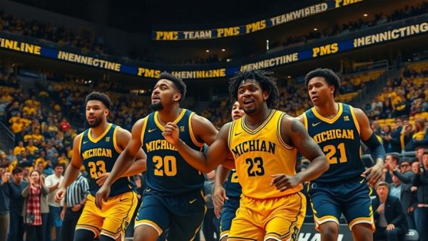 Michigan basketball players celebrating on court during a game.