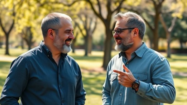 Men discussing in a sunny park setting, Michigan State Senate candidate Rob Hower