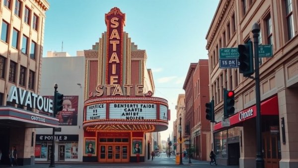 Ann Arbor State Theatre with Chipotle on a bustling street.