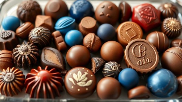 A delightful display of Michigan-made Belgium chocolates arranged on a glass tray.