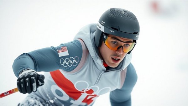 Olympic skier focused amidst snowfall at Winter Olympics 2026.