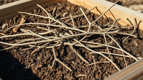 Winter branches in a wooden raised bed under natural sunlight.