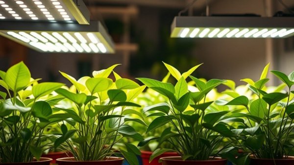 Houseplants illuminated by LED grow lights.