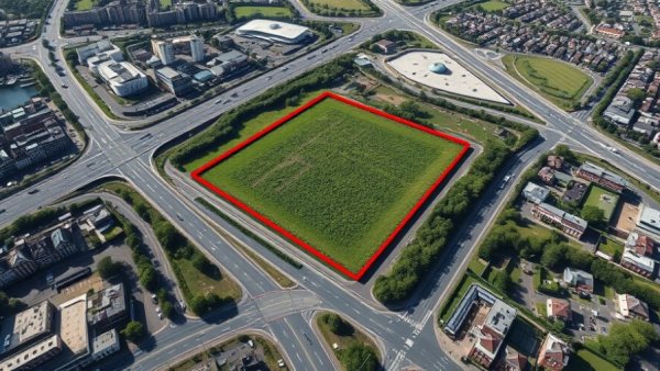 Aerial view of land parcel amidst roads and buildings highlighting Michigan data center opposition.