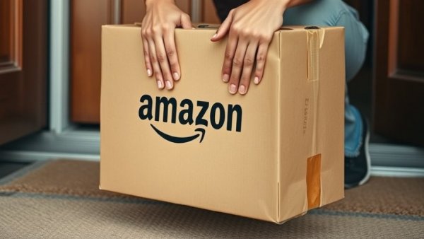 Hands picking up an Amazon package at a doorstep.