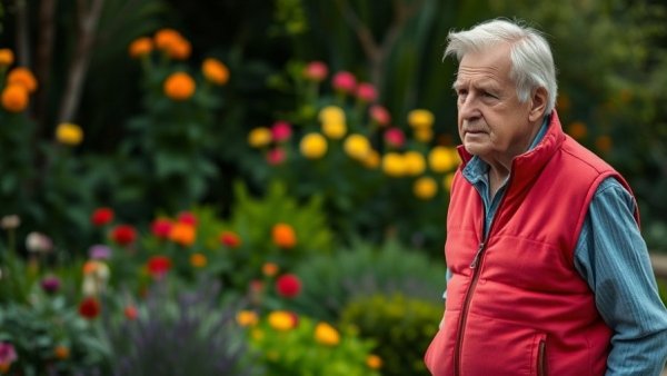Older man in a red vest walking in a garden, vibrant flowers, deals for local TV studios.