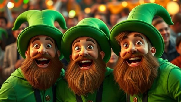 Festive trio in green costumes at a celebration.