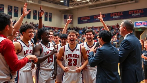 Michigan basketball team celebrating victory, interviewed after the season record.