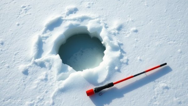 Ice fishing rod beside hole on snowy ground, Michigan.